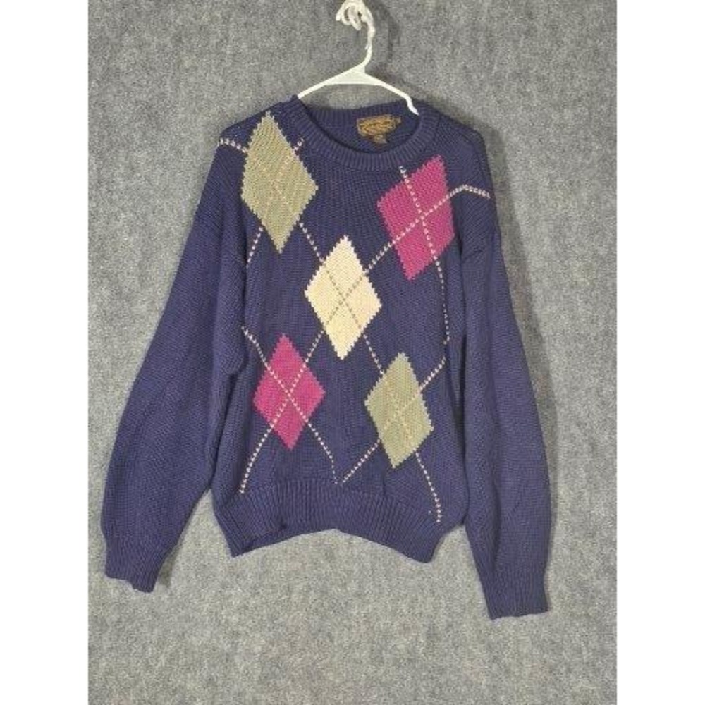 Mens Large Sweater Argyle Knit Crewneck Blue Chunky Vintage 90s Eddie Bauer